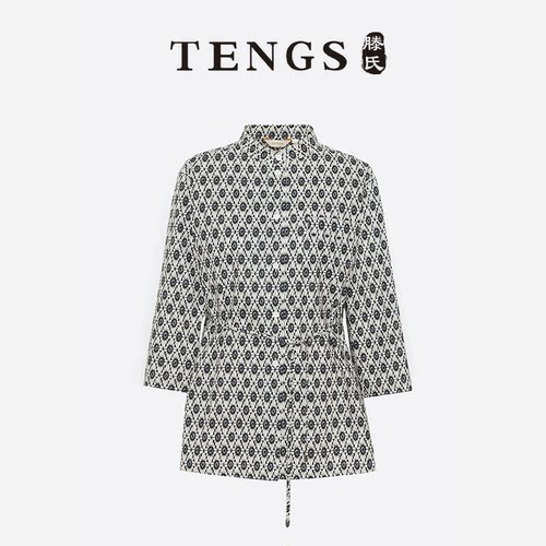 TENGS休闲风印花系带立领衬衫