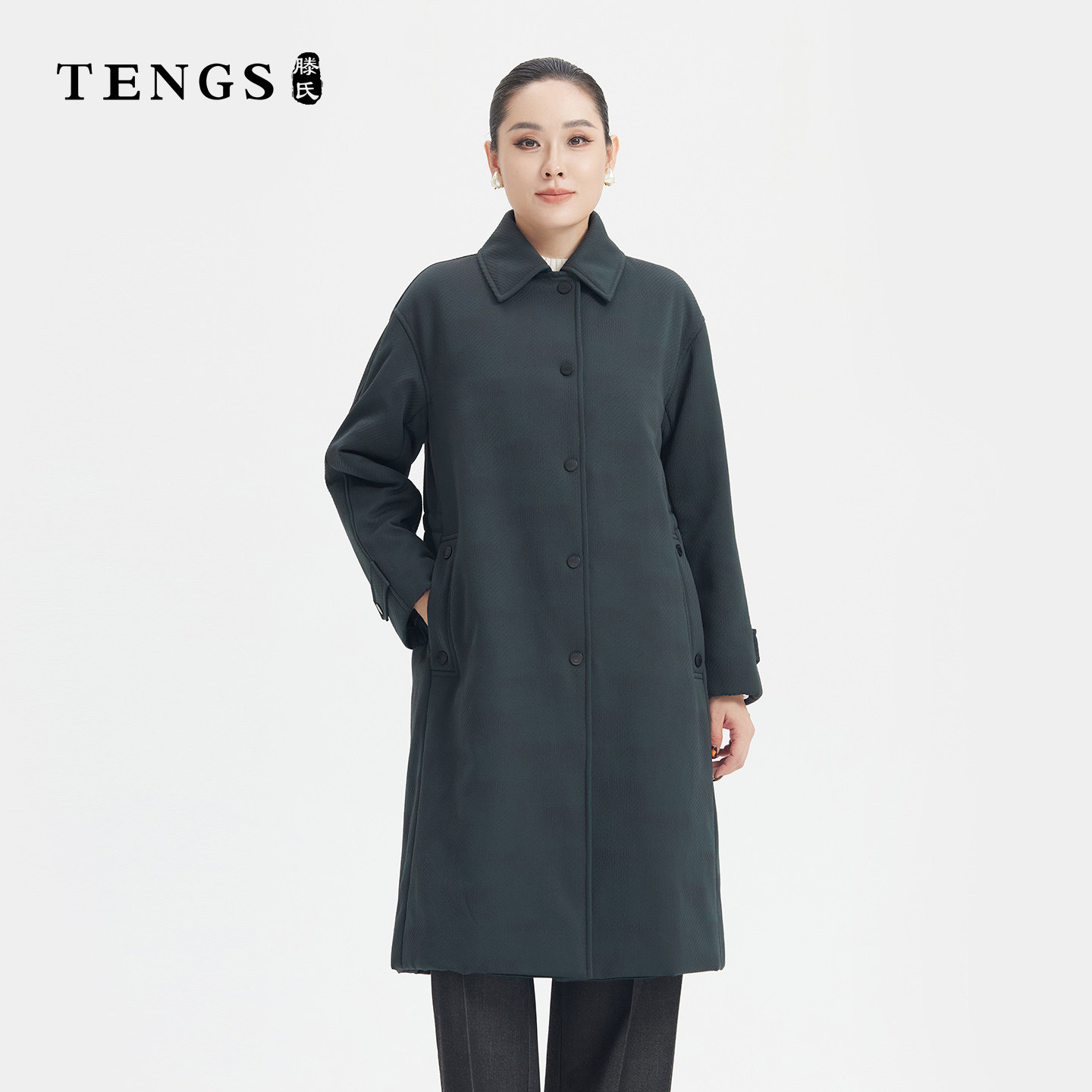 墨绿通勤驼绒中长款保暖棉服