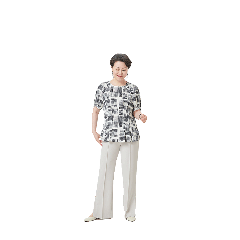 TENGS时尚休闲印花收腰短袖衬衫