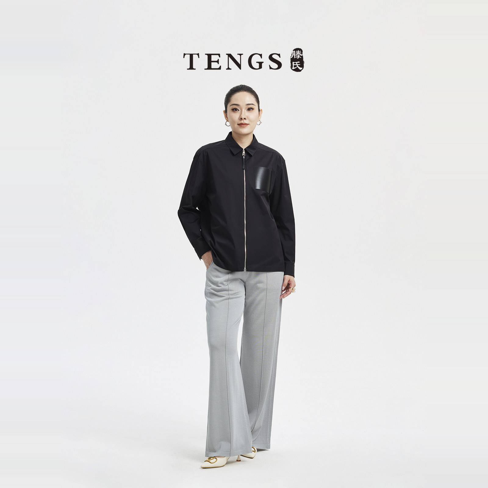 TENGS滕氏女装春夏新款气质职场商务通勤舒适版型百搭款黑色上衣