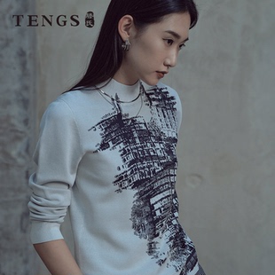 TENGS滕氏女装秋冬写意艺术提花半高领长袖针织衫时尚舒适百搭衫