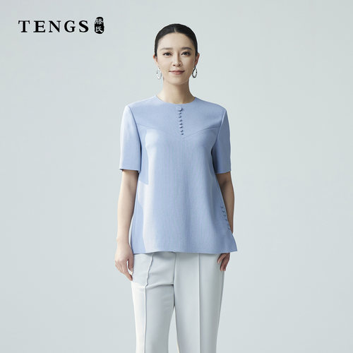 TENGS蓝色简约直身通勤短袖上衣