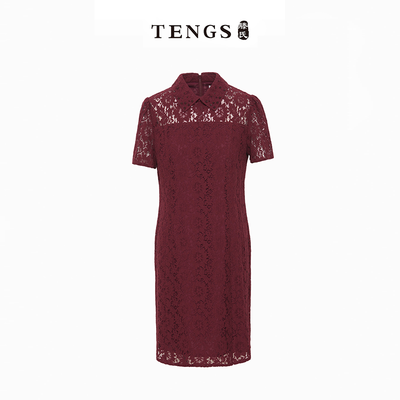 TENGS滕氏/萨侬女装夏季新款安可拉红复古蕾丝镂空勾花修身连衣裙