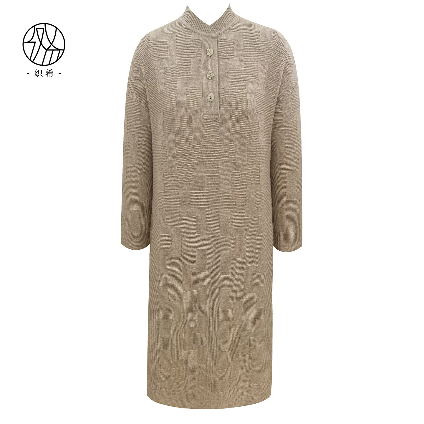 TENGS滕氏/织希女装舒适套头驼色针织长袖连衣裙