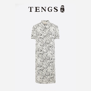 TENGS滕氏女装夏季新款泼墨黑白印花连衣裙立领偏搭襟新中式长裙