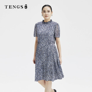 精致花边领印花雪纺连衣裙轻盈修身 新款 气质 夏季 TENGS滕氏女装