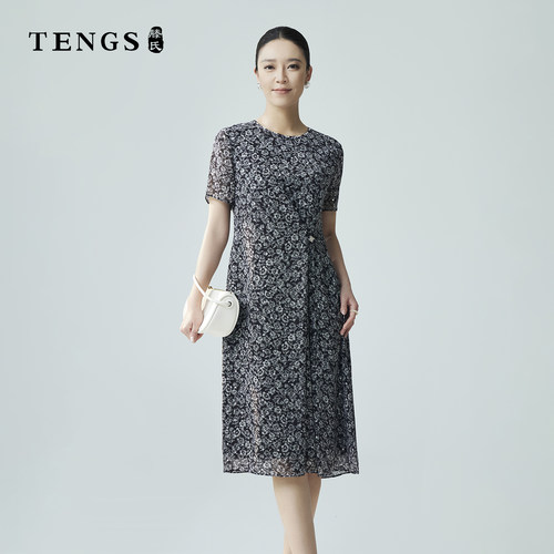 TENGS优雅气质修身碎花连衣裙