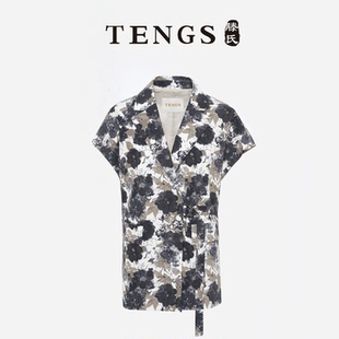 衬衫 复古印花纯棉短袖 西服领百搭休闲上衣 春夏新款 TENGS滕氏女装