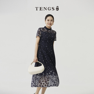 优雅连衣裙 TENGS滕氏 萨侬春夏新款 蕾丝定位印花短袖 立领修身