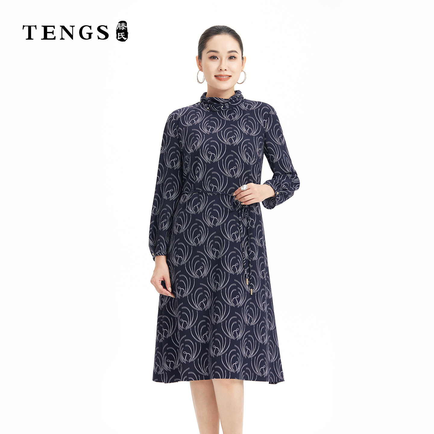 TENGS藏蓝印花优雅修身连衣裙