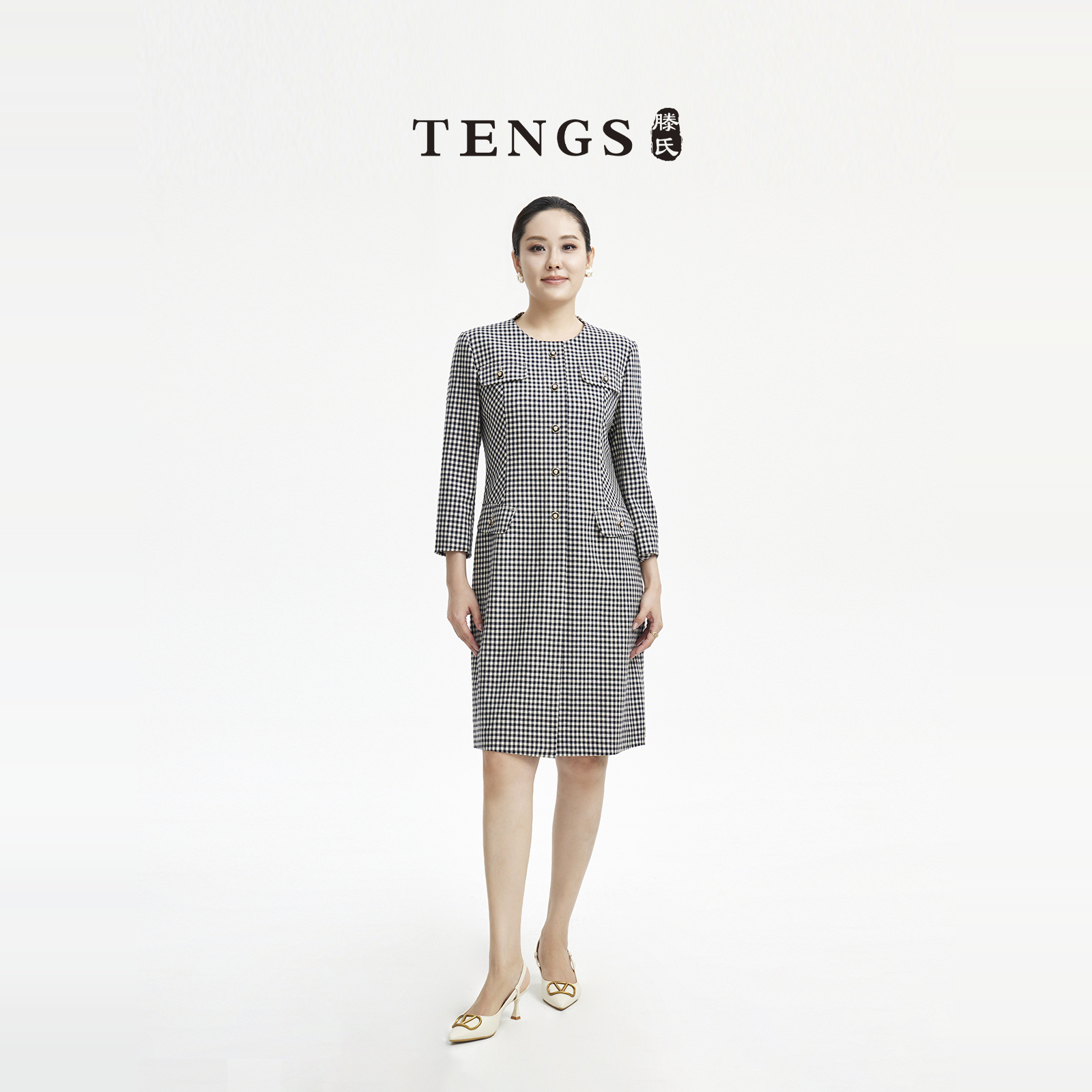 萨侬时尚格纹修身连衣裙