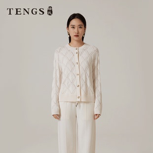 TENGS滕氏女装春季新款文艺感镂空提花针织开衫慵懒舒适直身百搭