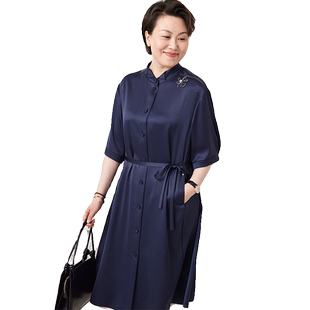 TENGS滕氏女装春夏新款靛蓝质感镂空勾边醋纤连衣裙气质简约通勤