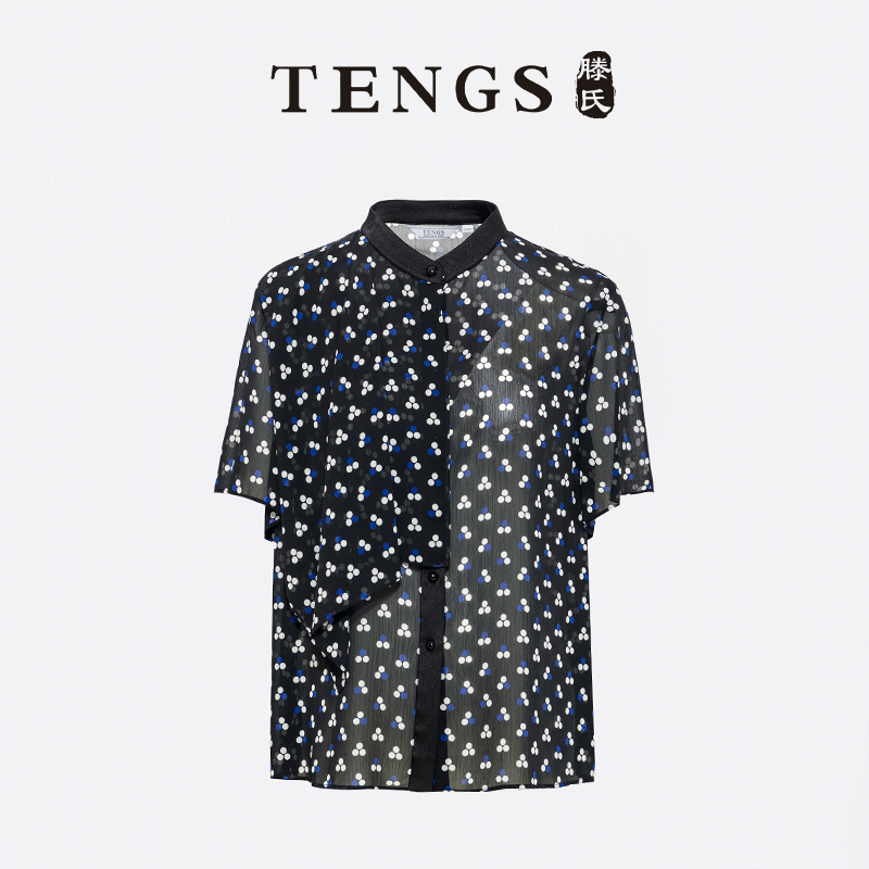 TENGS立体褶片印花短袖衬衫