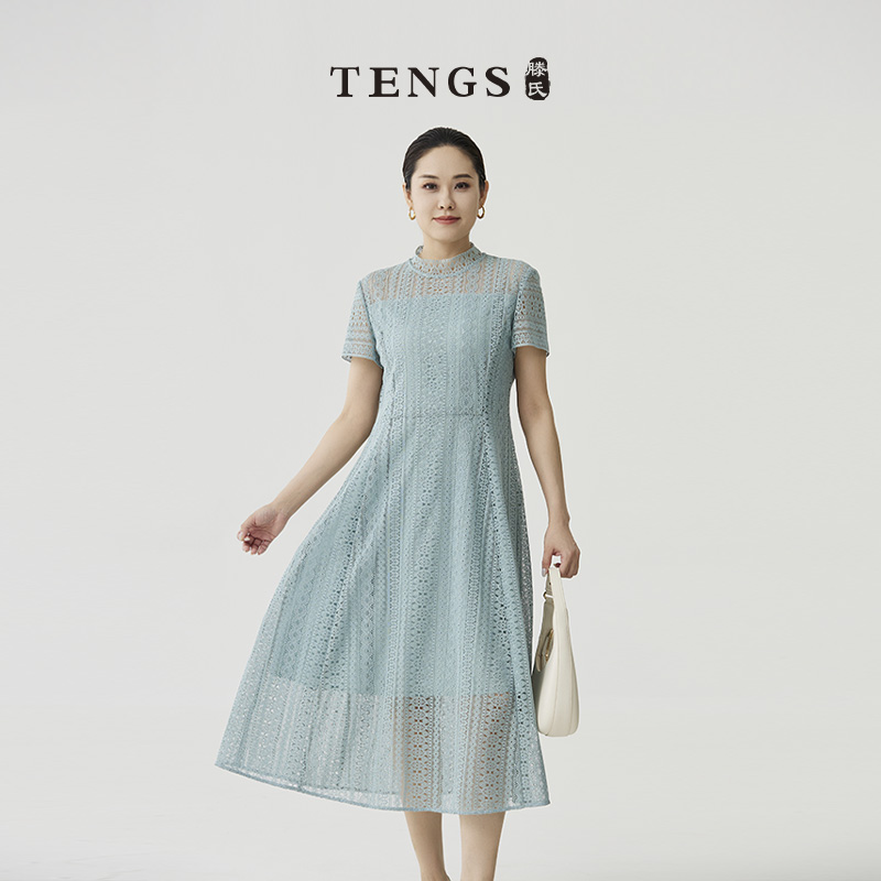 萨侬女装春夏蓝色蕾丝短袖连衣裙