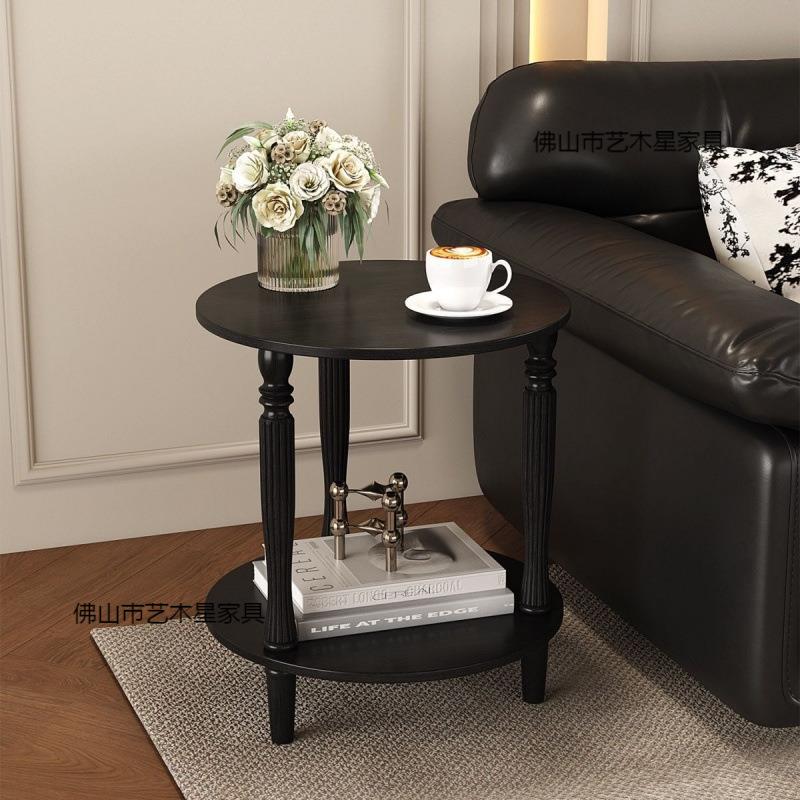 复古风实木边几茶水柜双层边柜家用客厅小户型圆形沙发茶几小桌子