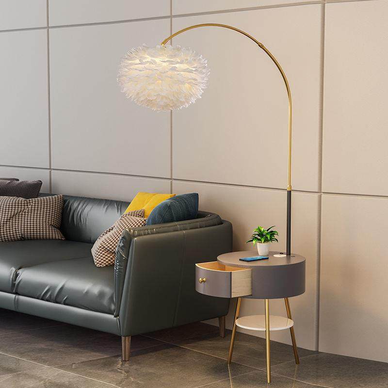 北欧羽毛落地灯卧室床头柜一体实木客厅沙发边几双层立式落地灯具