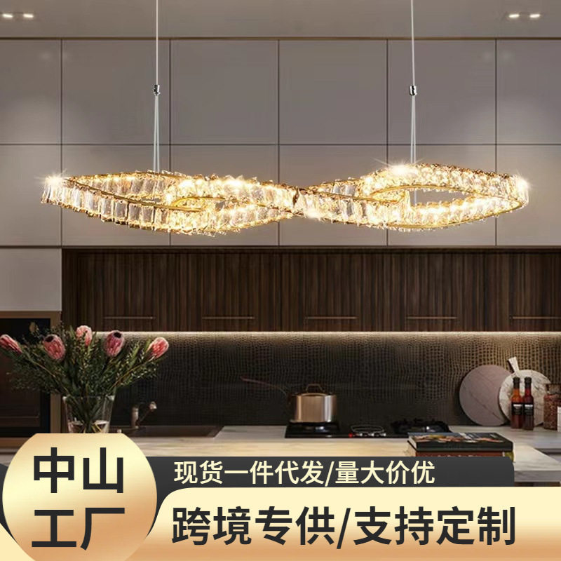 后现代轻奢金色一字饭桌岛台灯设计款长条高档吧台餐厅水晶吊灯