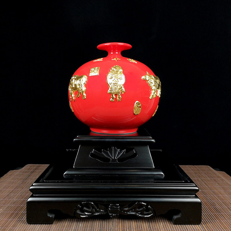 陶瓷瓶五牛图漆线雕送客户开业乔迁工艺品花瓶仿古嘉奖纪念