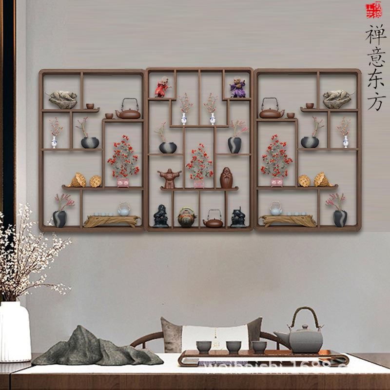 博古架实木新中式客厅隔断挂墙置物架摆件壁挂式茶具架现代多宝阁