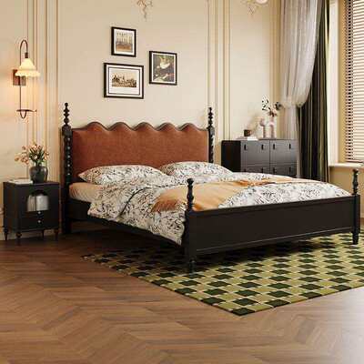 法式涟漪实木床复古1.8米主卧婚床美式波浪双人床静音软包中古风