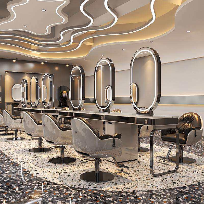 网红美发店镜台带灯单双面发廊大理石理发镜子带柜剪发烫染桌