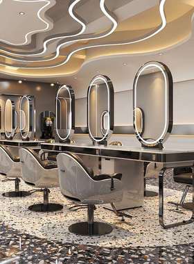 网红美发店镜台带灯单双面发廊大理石理发镜子带柜剪发烫染桌