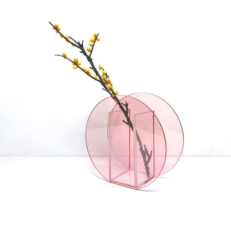 现代轻奢简约彩色几何玻璃花瓶花器，粉色花瓶，样板房家居装饰品