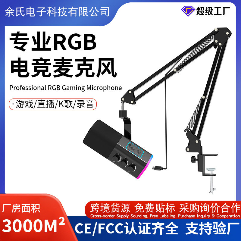 WM13悬臂支架超心形指向USB跨境直播话筒RGB动圈游戏麦克风