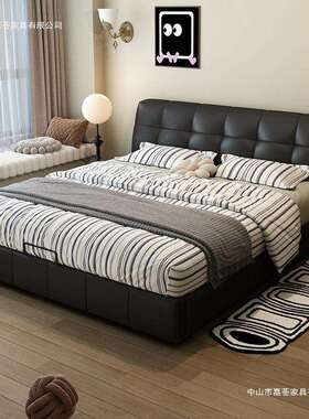 意式轻奢真皮主卧床现代简约高端大气1.8m双人泡芙软包床