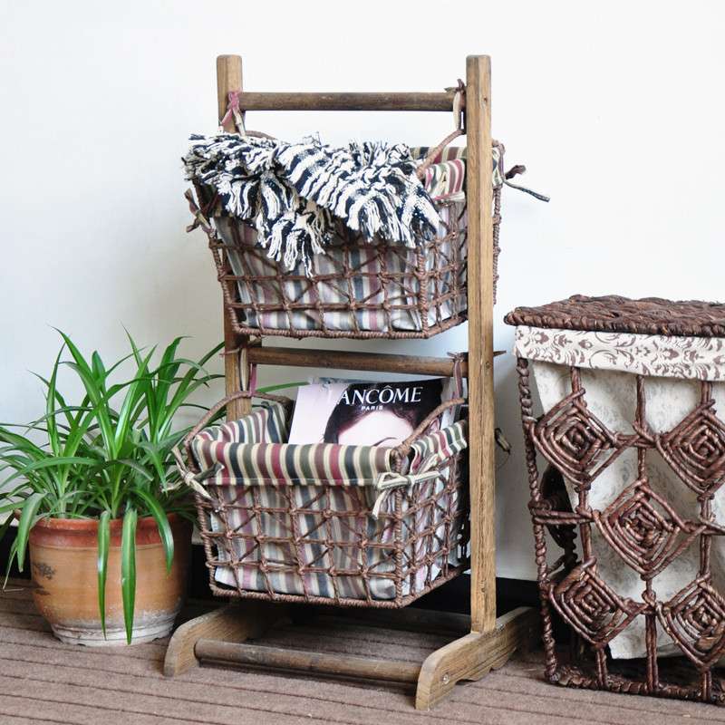 田园落地置物架实木藤编收纳储物架三层吊篮客厅花架立式收纳架