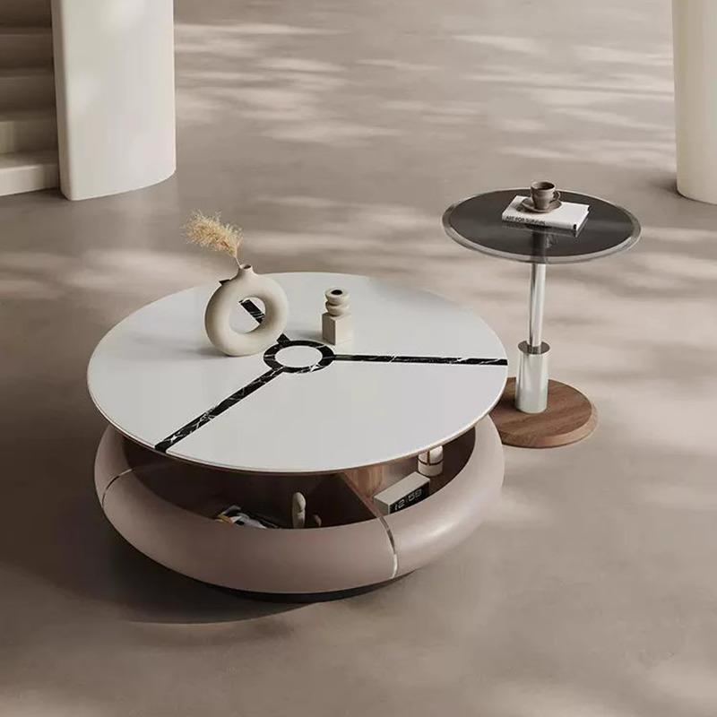 意式轻奢旋转微晶石小户型圆形茶几组合奶油风简约多功能伸缩茶几