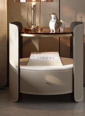 又极简小柜子好佳皮现代床头柜收纳床边马鞍卧室圆形实木斗柜整装