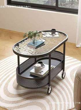 简约现代沙发小户型椭圆客厅奶油茶几侧边玻璃移动收纳小推车
