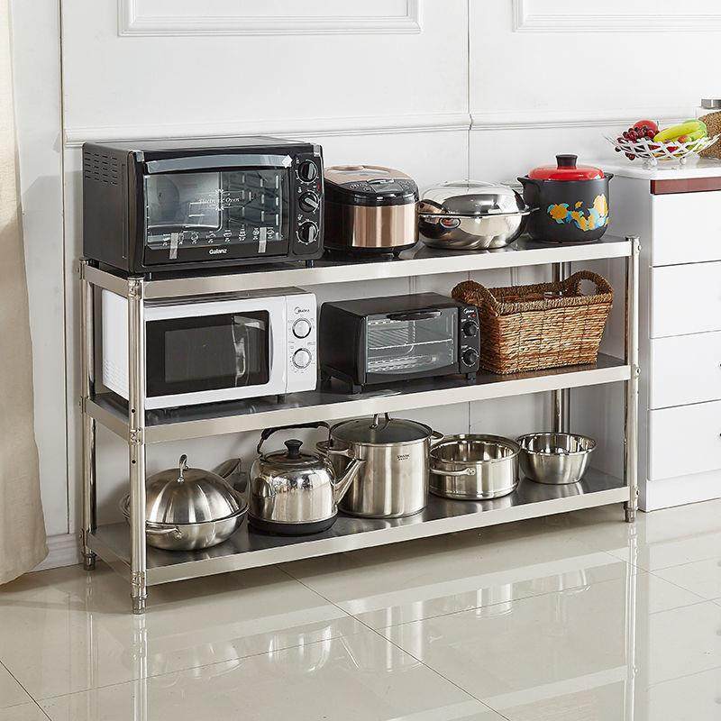 加厚不锈钢置物架厨房落地储物架微波炉烤箱收纳架多层橱柜组合