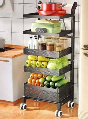 厨房置物架落地置物架杂物收纳小推车收纳架平网可调节多层小推车