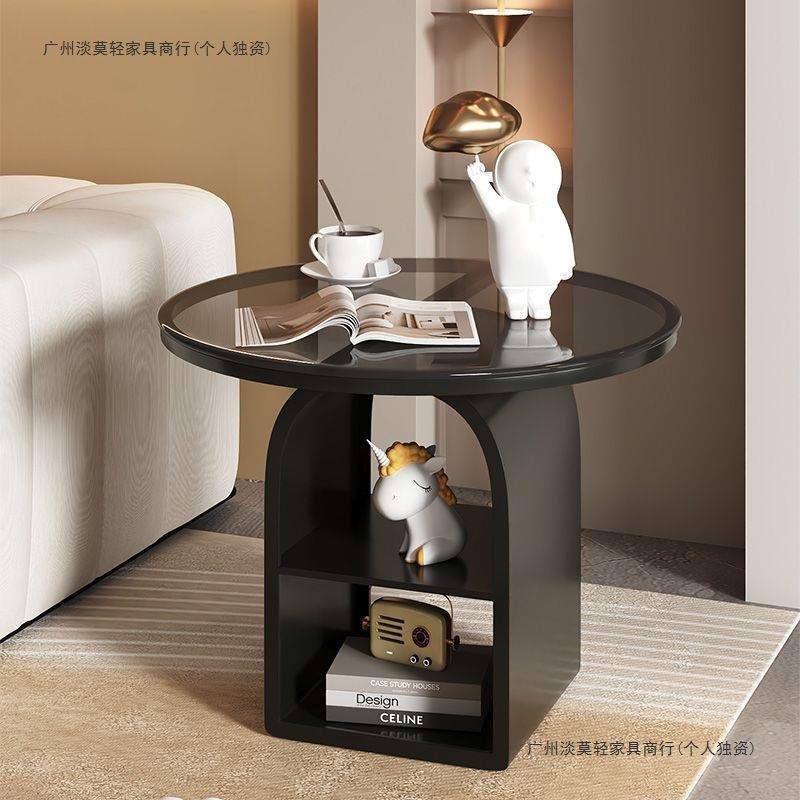 客厅家用玻璃小茶桌现代简约小户型边柜奶油风边几圆形双层小茶几