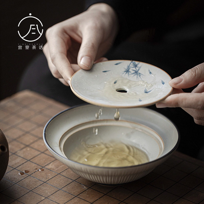 宜室茶话仿古手绘青花竹子壶承文人茶器高足干泡盘蓄水茶盘茶承