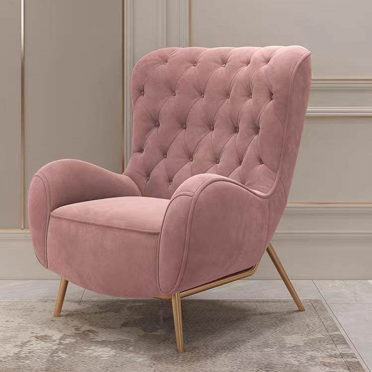 美式轻奢高靠背现代简约单人休闲椅粉色绒布老虎椅客厅多人位沙发