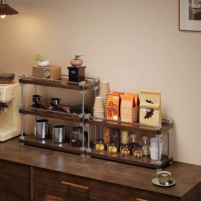 实木不锈钢杯架咖啡角杯子工位多层收纳架梳妆台香水架桌面置物架
