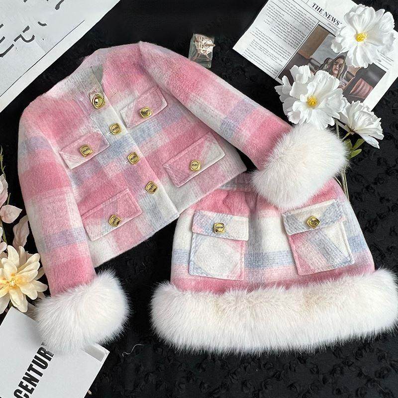 EYAS毛绒格子外套半裙加绒套装2023秋冬女童上衣短裙加厚两件套