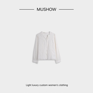 衬衫 慕秀Mushow「柔婉清新」法式 温柔高级感镂空水溶花边V领长袖