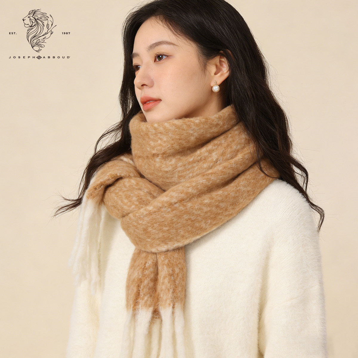 JOSEPH ABBOUD爱堡德 秋冬保暖羊毛混纺百搭轻奢质感驼色流苏围巾,服饰配件/皮带/帽子/围巾,围巾/丝巾/披肩,淘宝优惠券,粉丝福利购,淘宝优惠卷