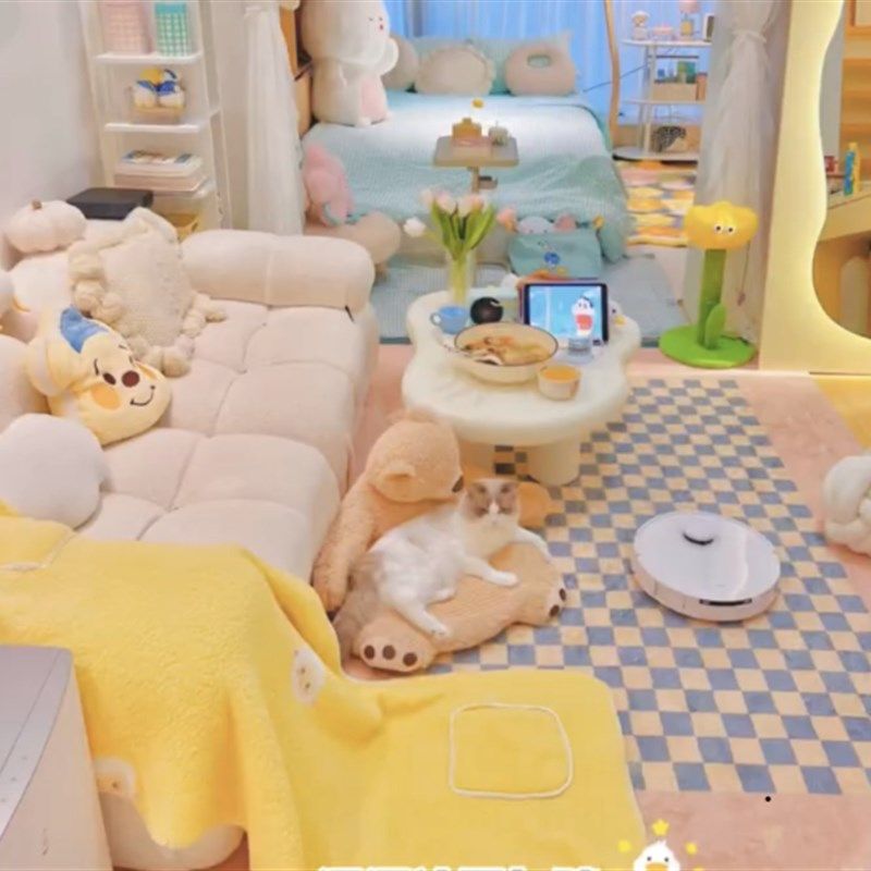 加厚简约少女田园花朵格子客厅地毯卧室床边沙发茶几毯可机洗定制