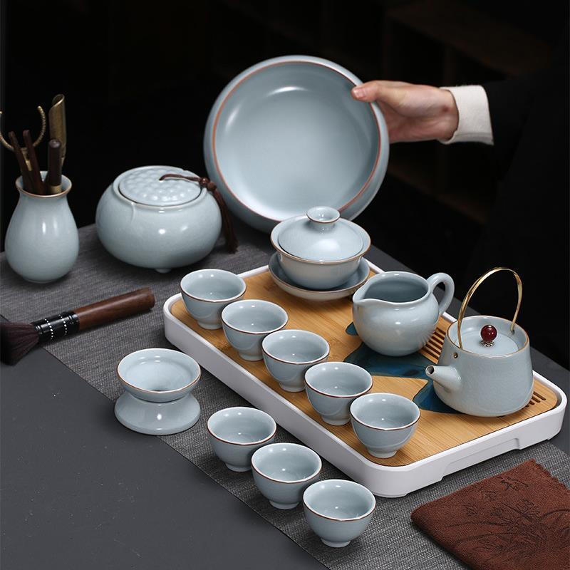 汝窑整套功夫茶具套装家用小套简约陶瓷开片办公室喝茶杯制作