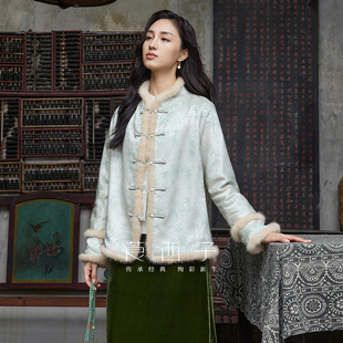 莨西子新中式年轻版国风棉服外套女秋冬水貂皮毛拼接绝美穿搭棉袄