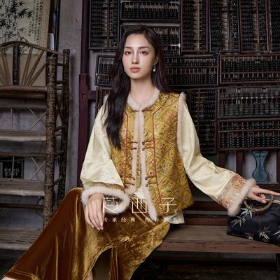 【100%桑蚕丝填充】莨西子新中式国风水貂毛拼接棉服马甲女秋冬