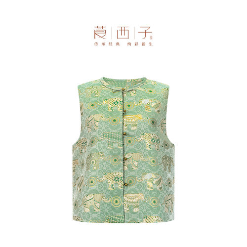 莨西子新中式国风桑蚕真丝交织宋锦马甲女短款秋新款无袖马夹上衣