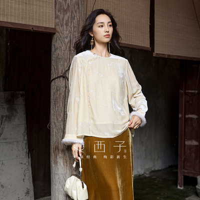 【100桑蚕丝】莨西子新中式国风真丝丝绒长袖衬衫女重工刺绣上衣