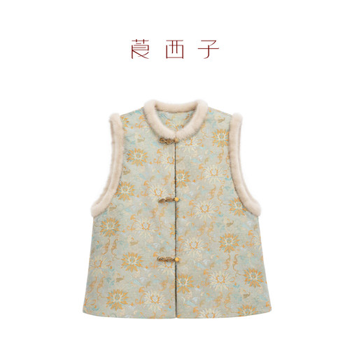 莨西子新中式国风高级女装水貂毛领桑蚕丝棉服马甲女秋冬马夹坎肩